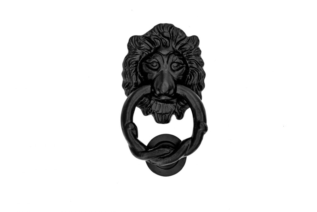 black wrought iron hardware finish lion door knocker