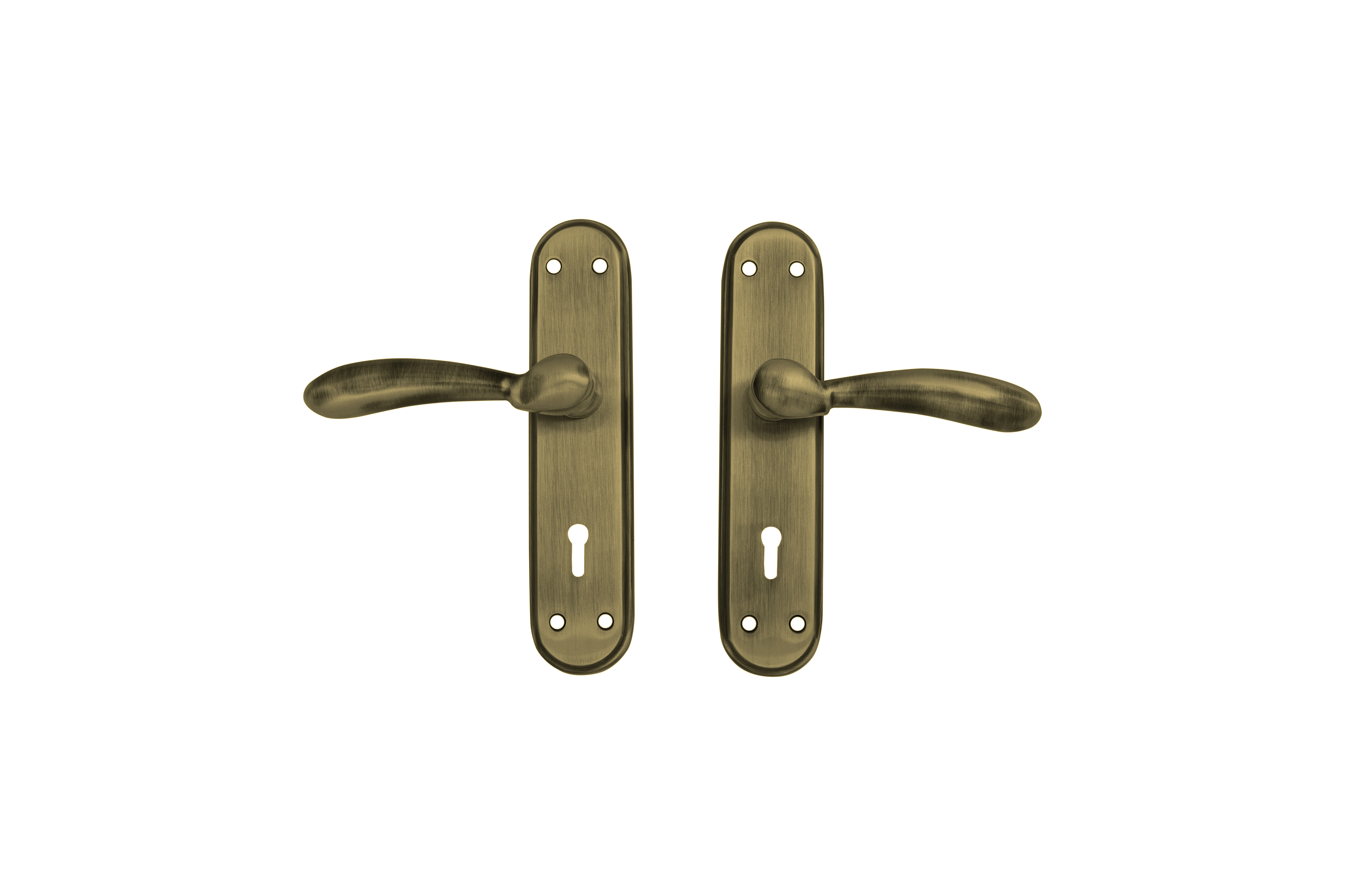 Vintage door handle on plate in key-type and antique brass finish