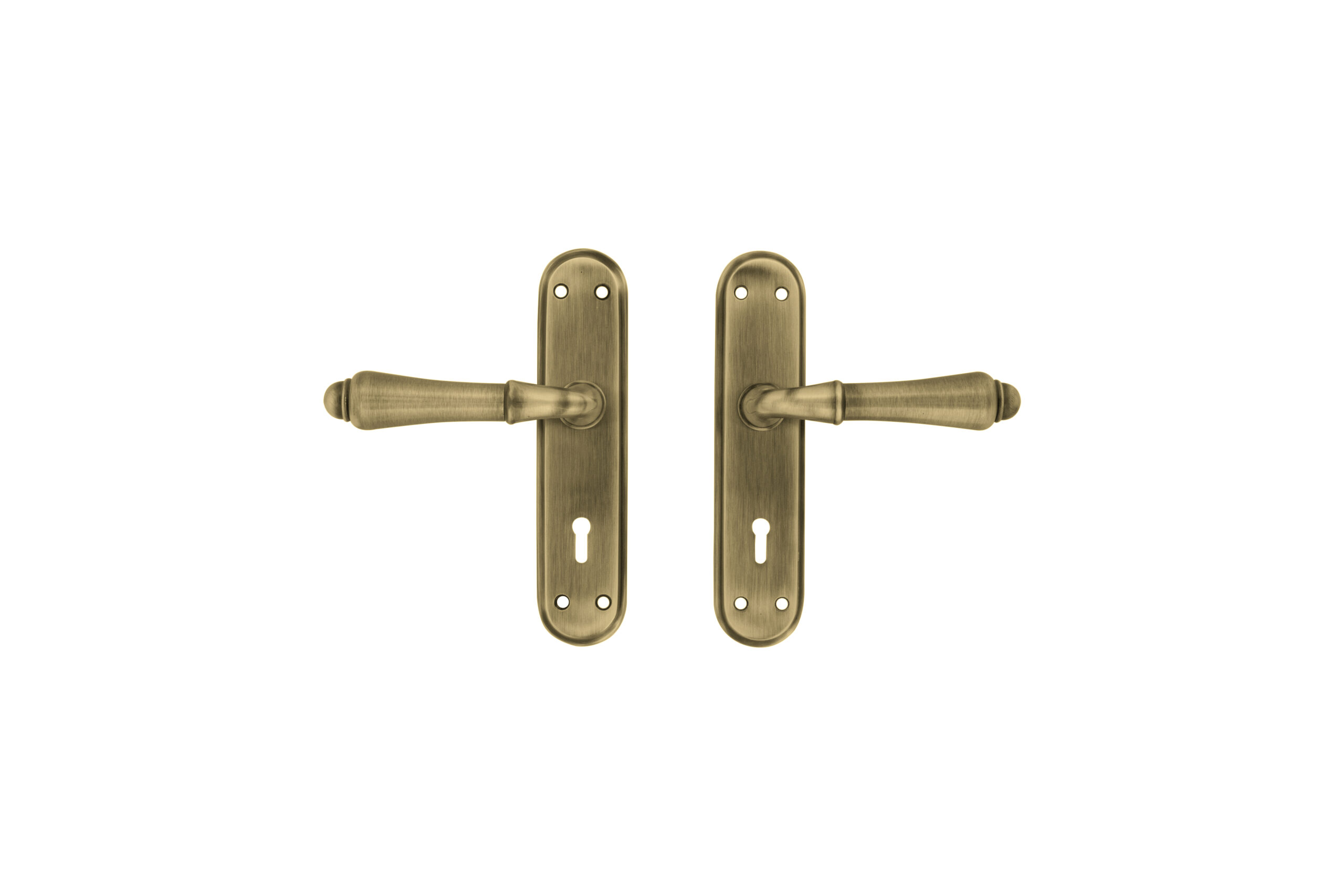 queen door handle on plate, key type, antique brass finish