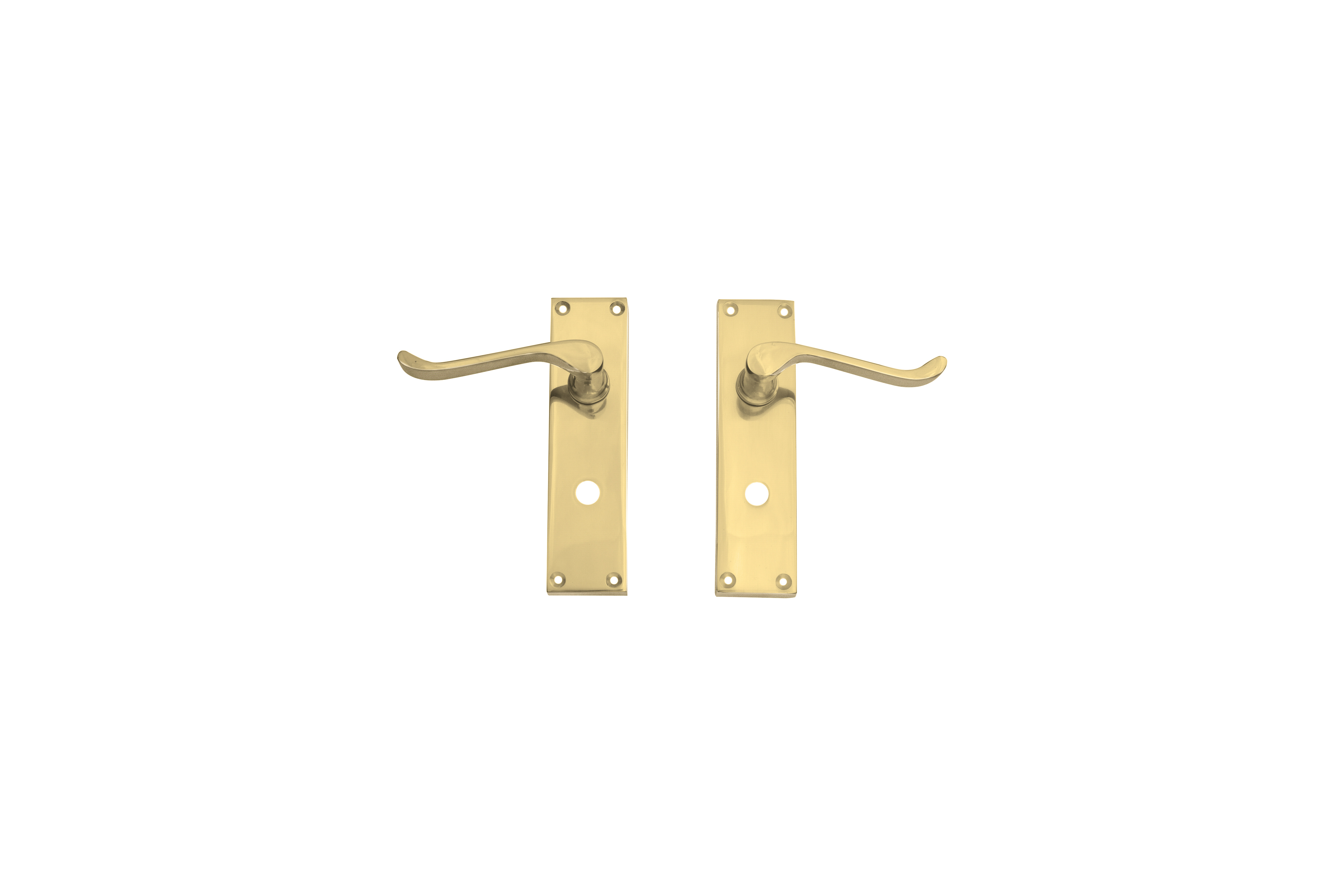 S type door handle on plate in a brass finish, and with a curved lever