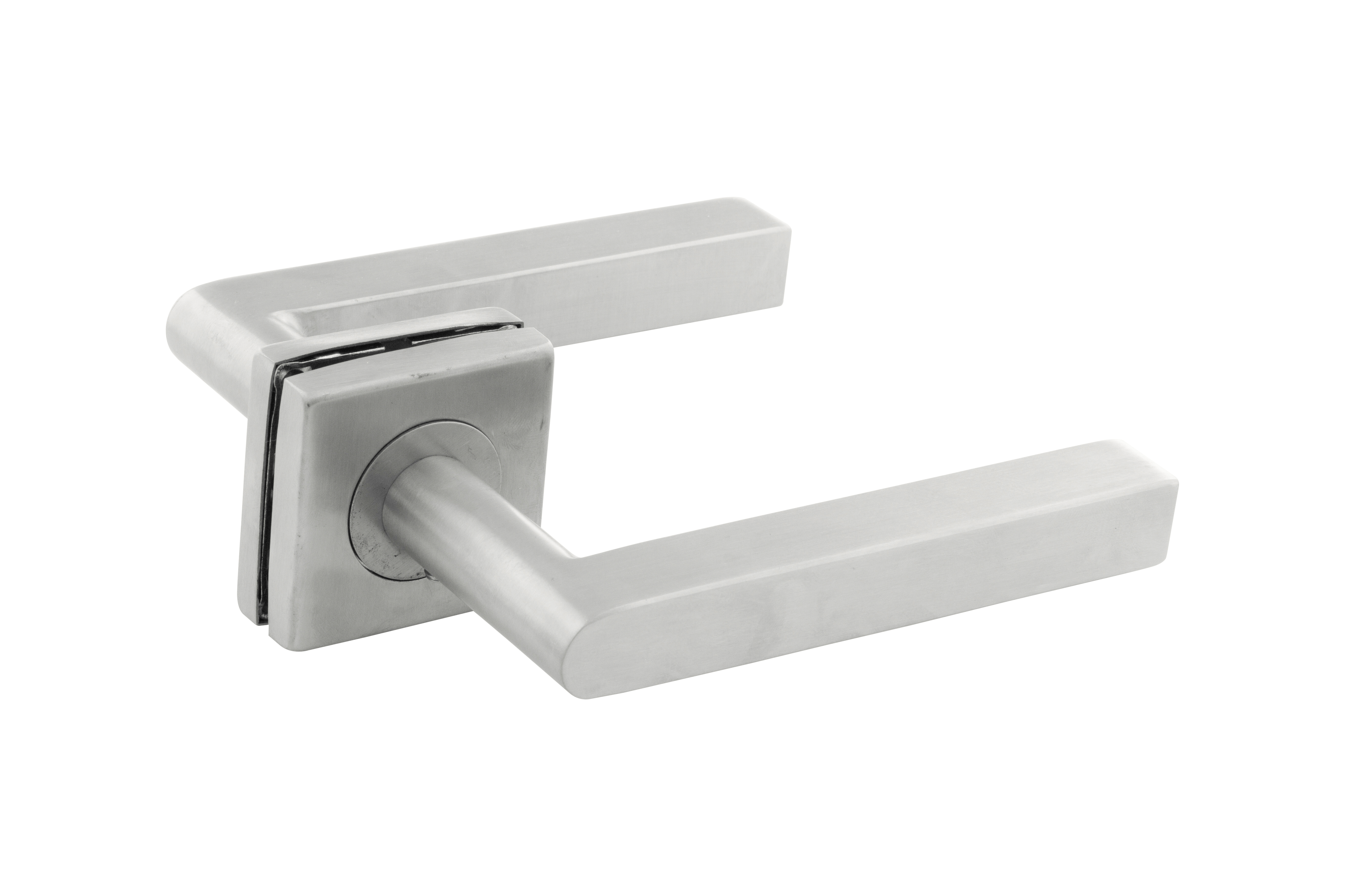 tubular lever handle on a square plate in a stainless steel finish