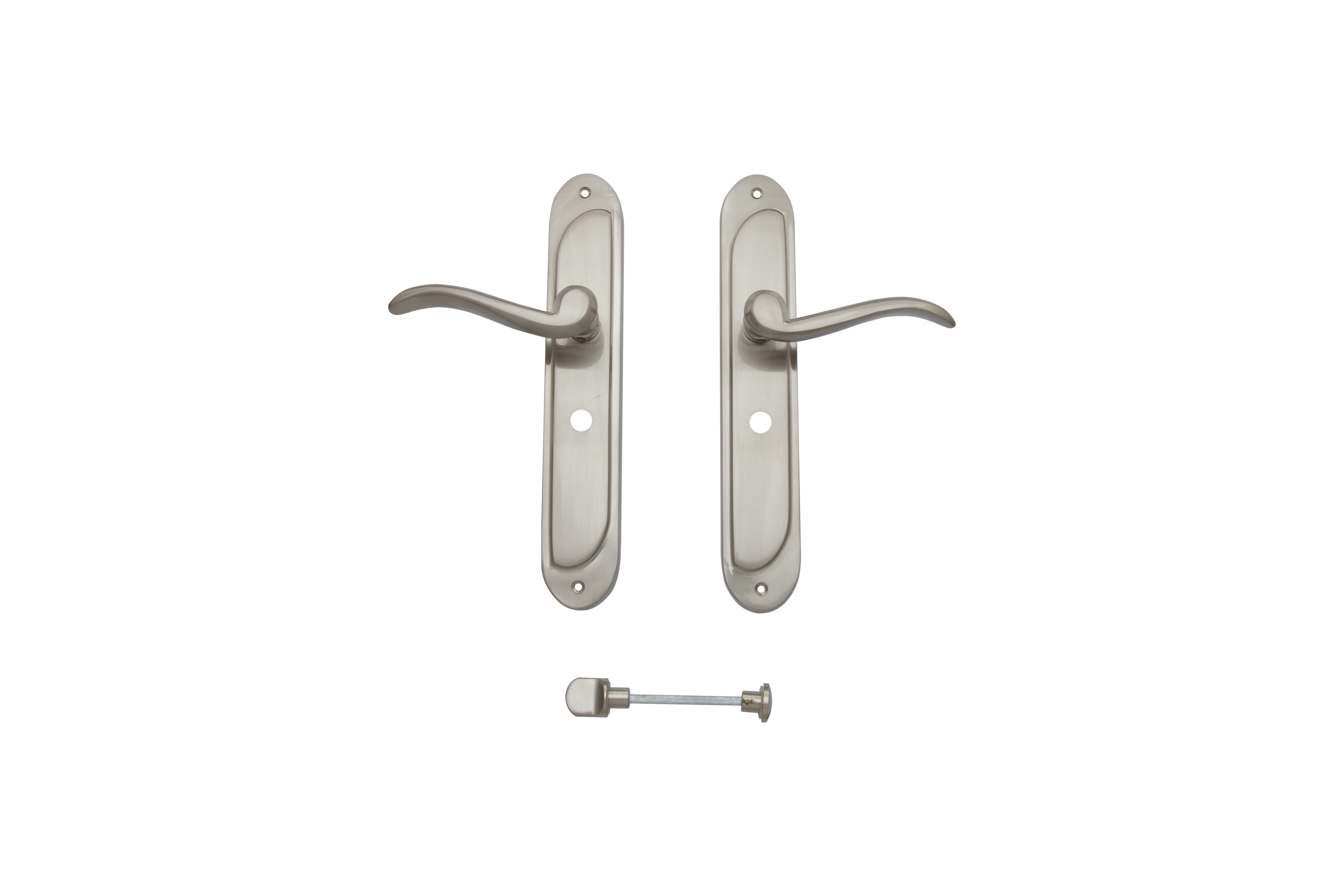 Romanys yenesei door handle on plate, satin nickel finish, bathroom type