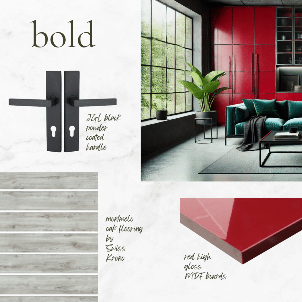 a picture showing an image of a living room with green velvet sofas, a neutral grey floor, and high gloss red cabinets that are floor to ceiling. On the side, there are matching products like black door handles, a grey laminate floor, and a red high gloss MDF slab.