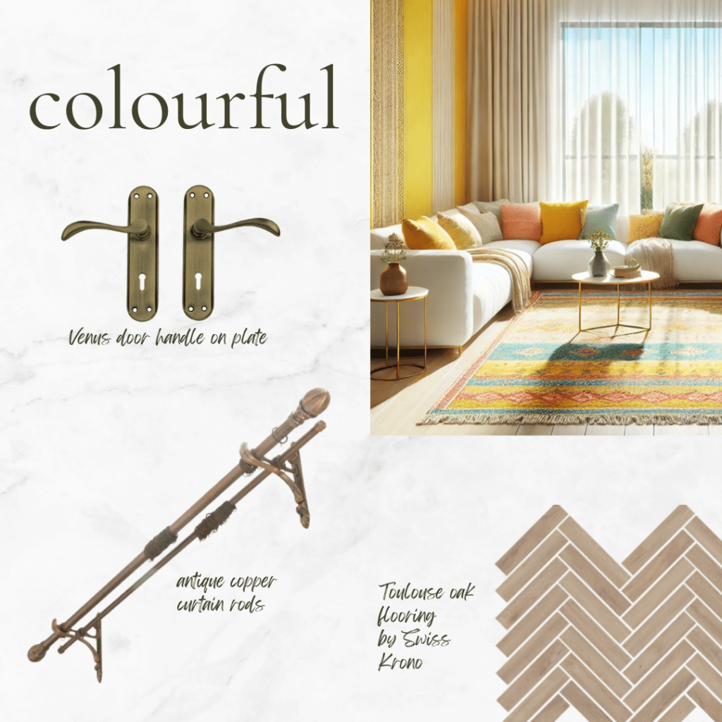 a picture showing an image of a living room with a yellow accent wall and vibrant sofa cushions and a colourful rug. On the side, there are matching products like venus door handles on plate, an antique copper curtain rod, and an oak laminate floor by Swiss Krono.